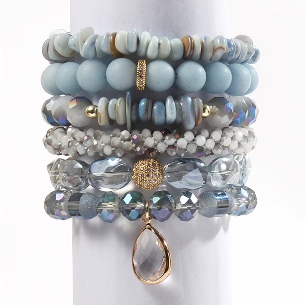 Bohemian Blue Beaded Multi-Layered Bracelet Set - Crystal Teardrop Charm
